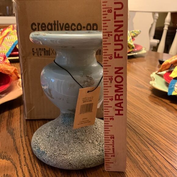 7" Blue Distressed Terracotta Pillar Candleholder. Heavy nice piece - Picture 7 of 10